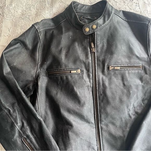 Wilson’s Leather Motorcycle Jacket Faded Black Distressed Full Zip Moto Large - Picture 2 of 12
